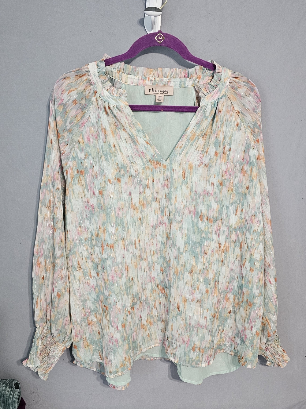 Philosophy Woman Republic Clothing Abstract Long Sleeve Blouse Blue & Pink XL